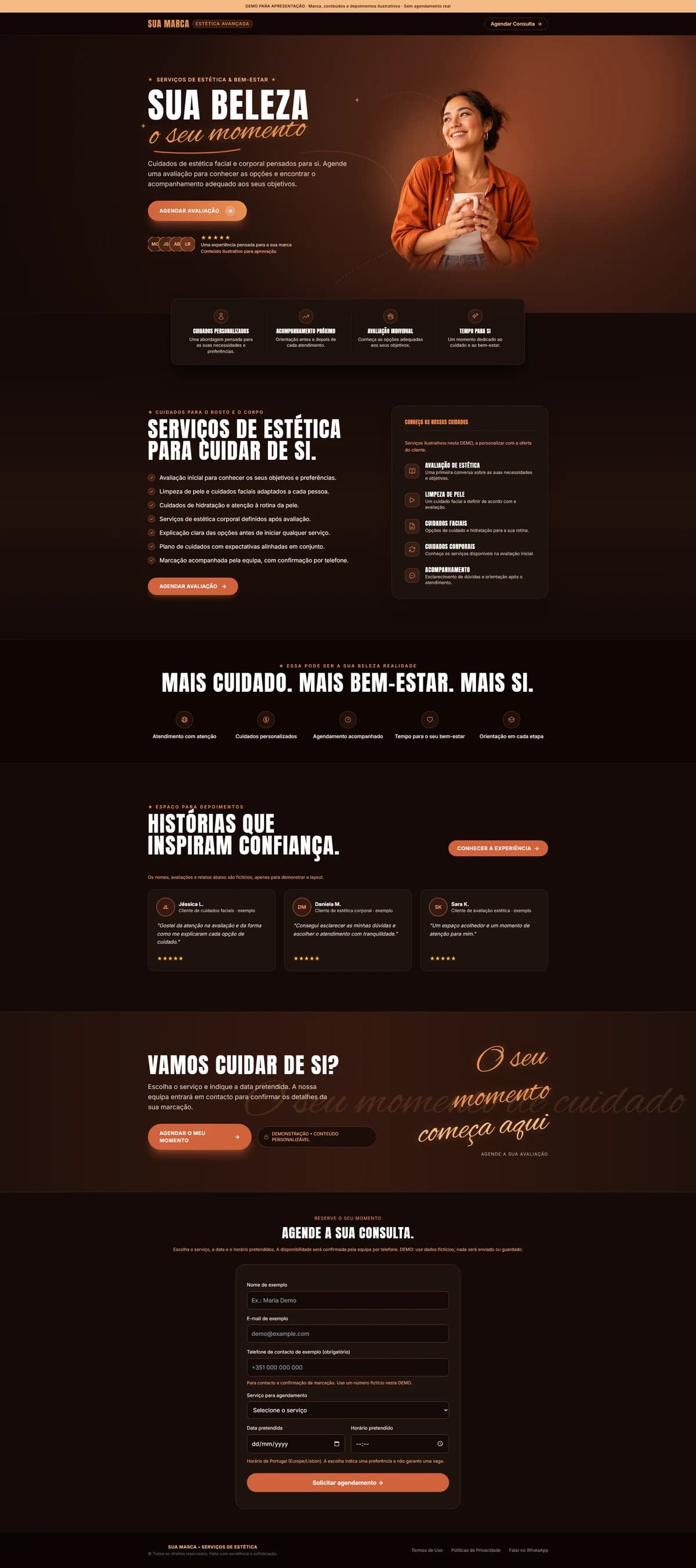 Landing page de serviços de estética com a modelo recortada, tratamentos e formulário de agendamento