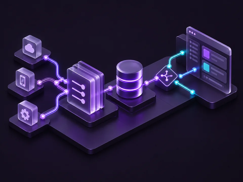 Workflow 3D com APIs, base de dados e sistemas ligados por conectores de automação.