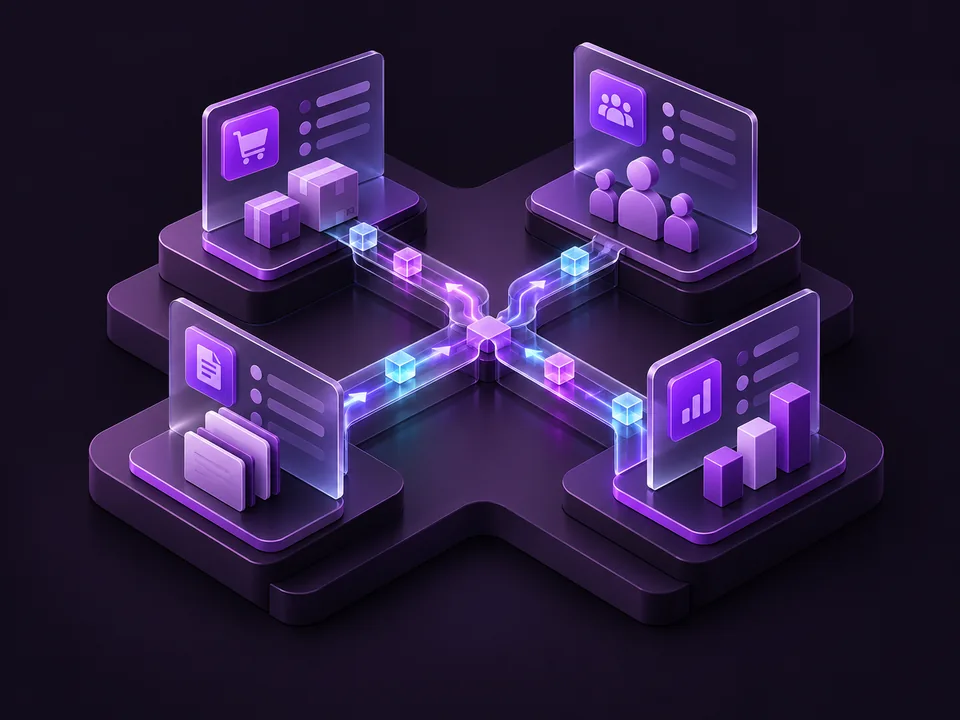 Aplicações e departamentos em plataformas 3D ligados por fluxos de informação.