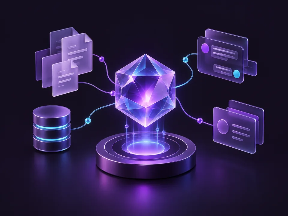 Núcleo de IA 3D conectado a documentos, dados e canais de comunicação empresariais.